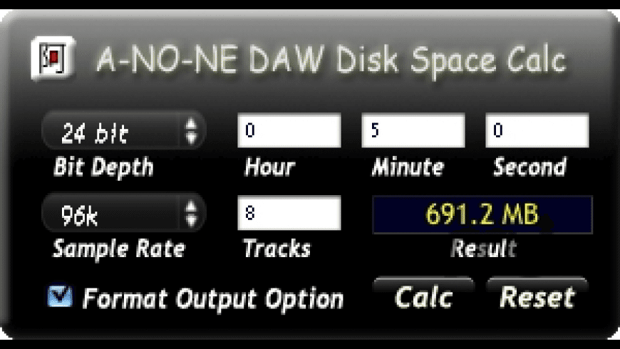 DAW Disk Space Calc preview