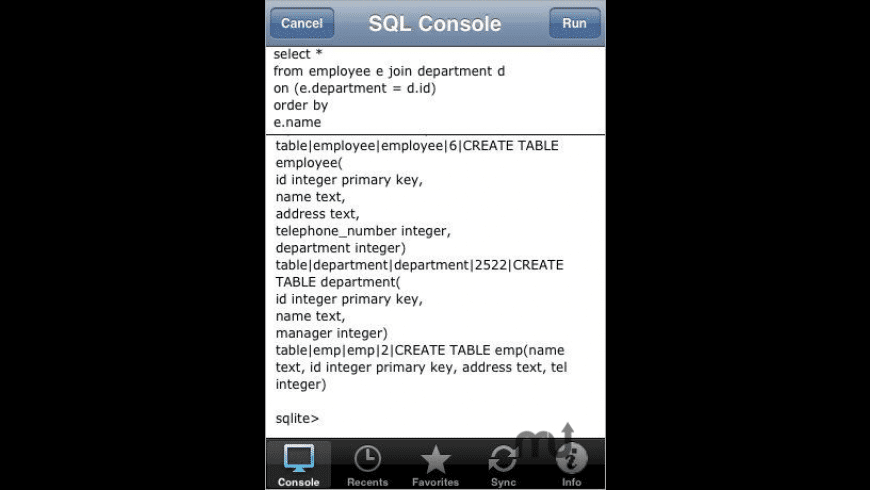 SQLite Database Console preview